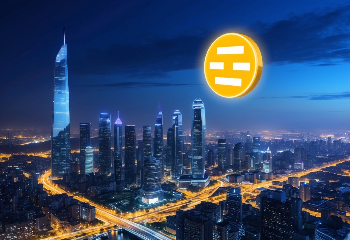 A futuristic city skyline with a glowing Ronin zkEVM logo floating in the air above a bustling urban landscape