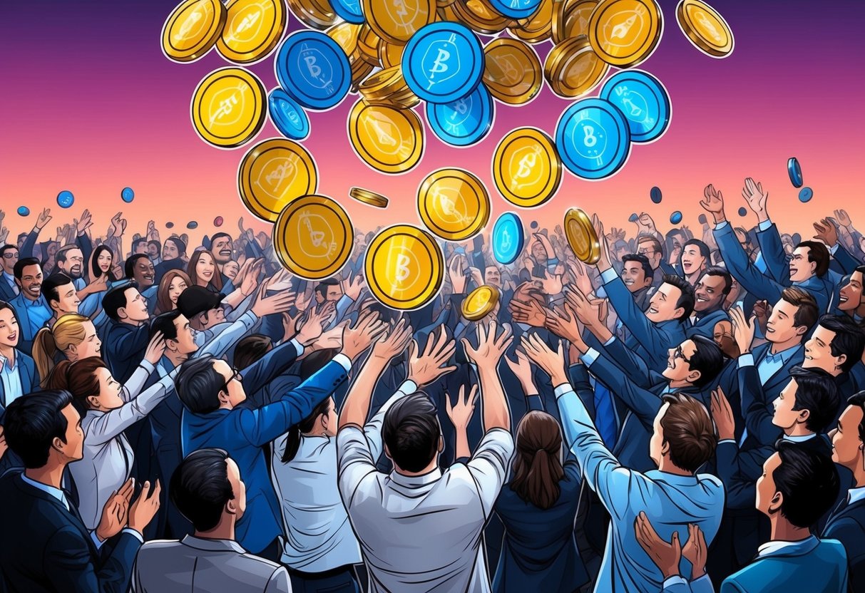 A group of colorful tokens floating in the air, with a large crowd of people reaching out to grab them