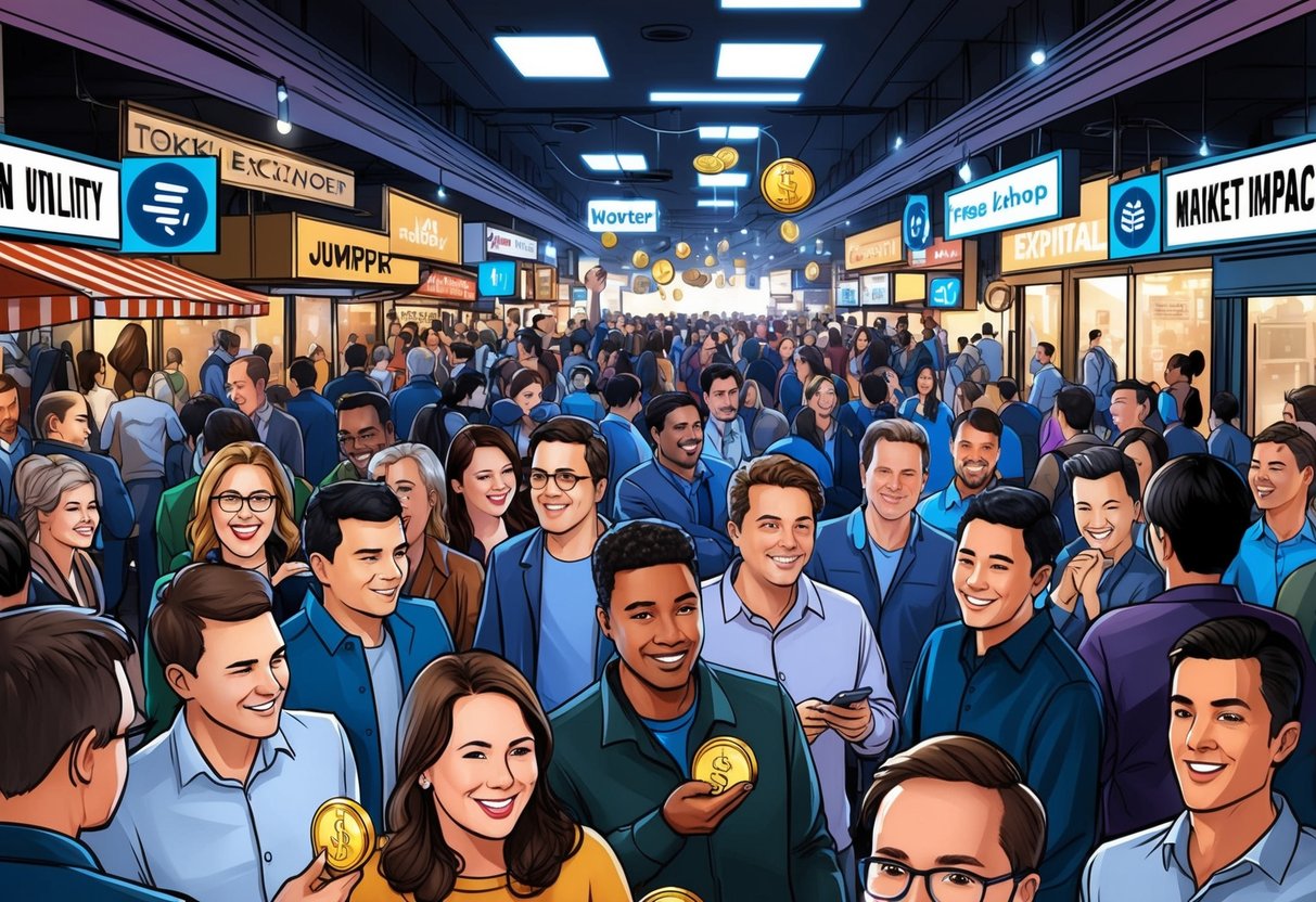 A crowded marketplace with people exchanging tokens as they eagerly participate in a token utility and market impact jumper exchange token airdrop event