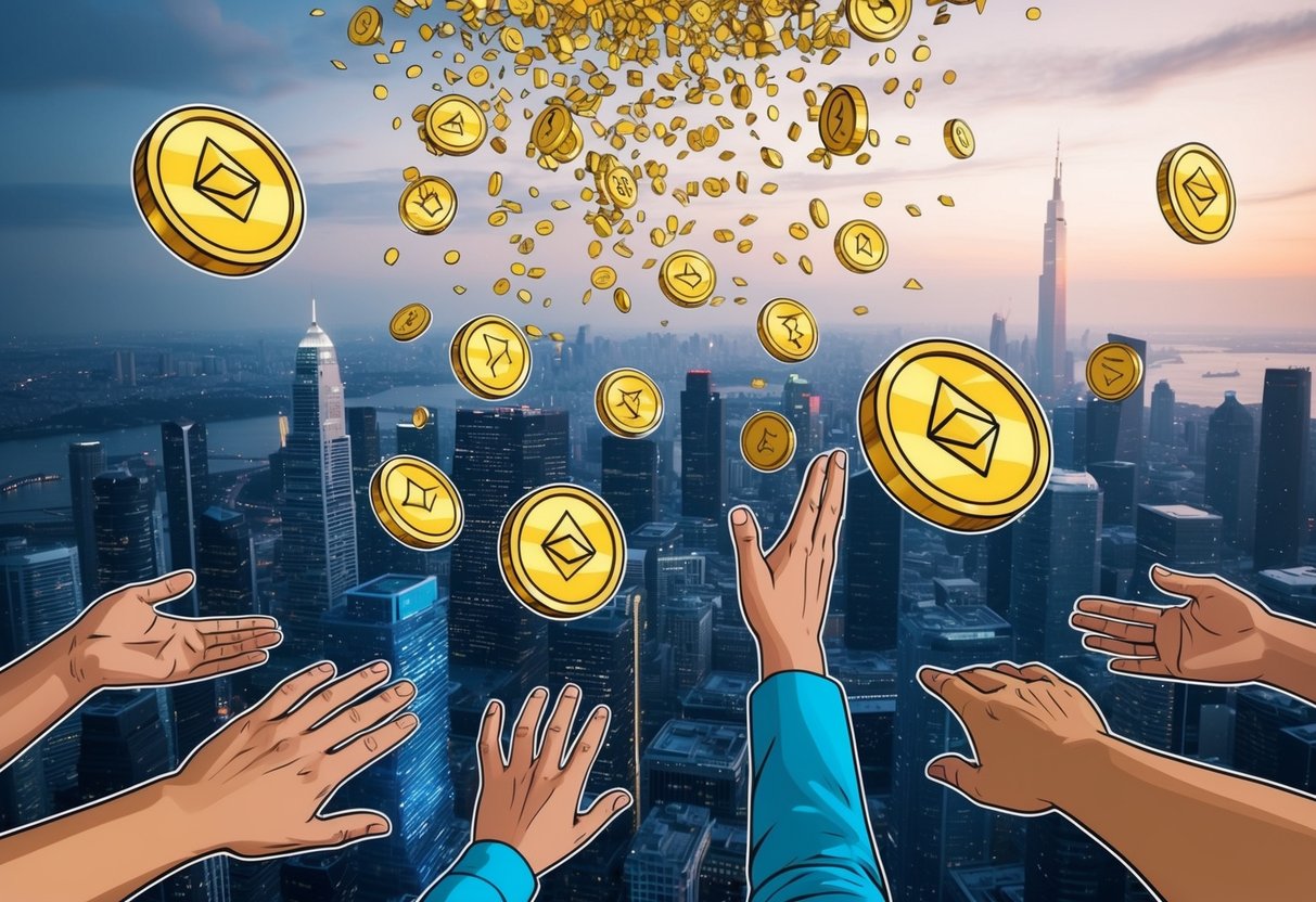 Ether.Fi token airdrop: a futuristic cityscape with digital tokens raining down from the sky, people reaching out to collect them