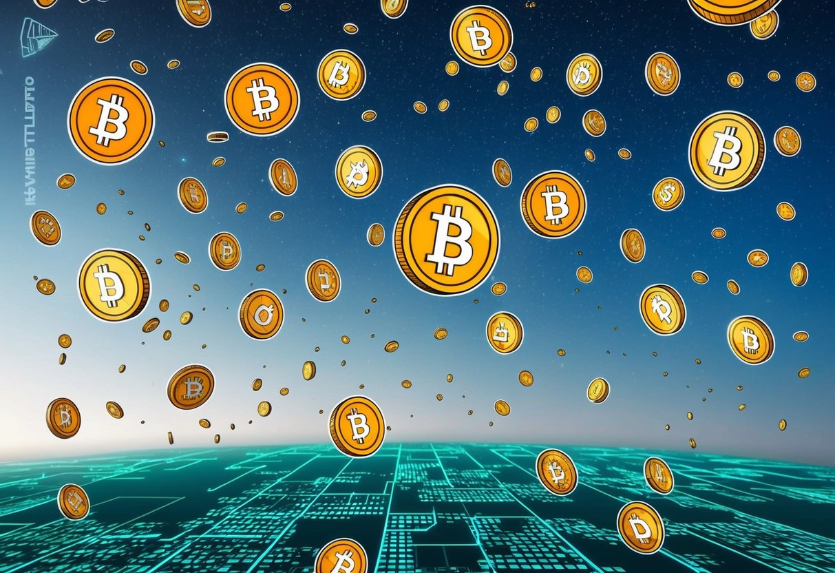 A group of tokens raining down from the sky, scattering across a digital landscape