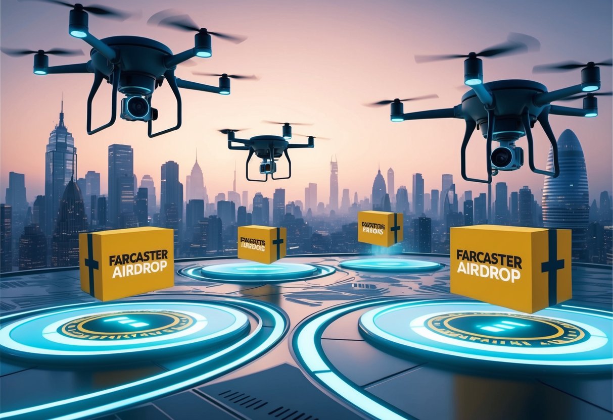 A futuristic city with drones dropping packages from the sky onto designated landing pads. The packages are labeled "Farcaster Airdrop."
