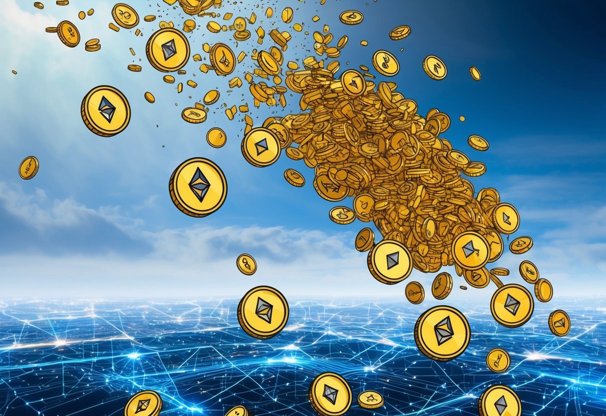 A pile of Ether.Fi tokens being airdropped from the sky, scattering across a digital landscape