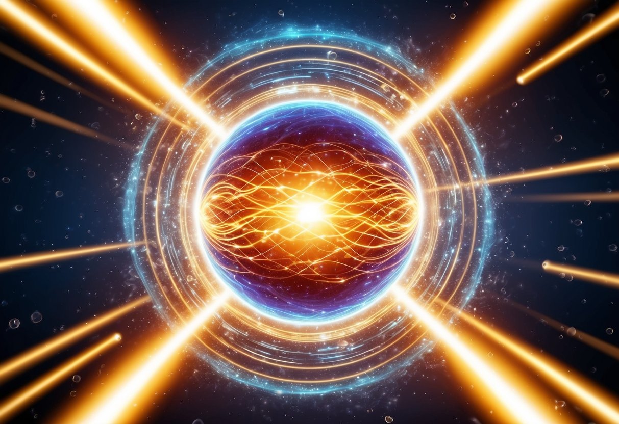 A glowing orb emitting waves of energy, surrounded by swirling particles and light beams