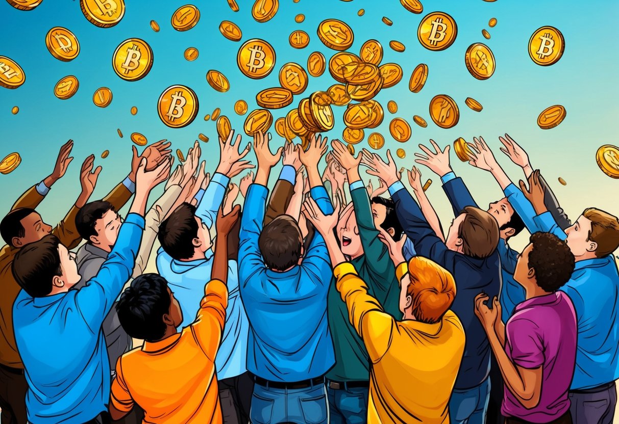 A group of people eagerly reaching out to grab virtual tokens falling from the sky