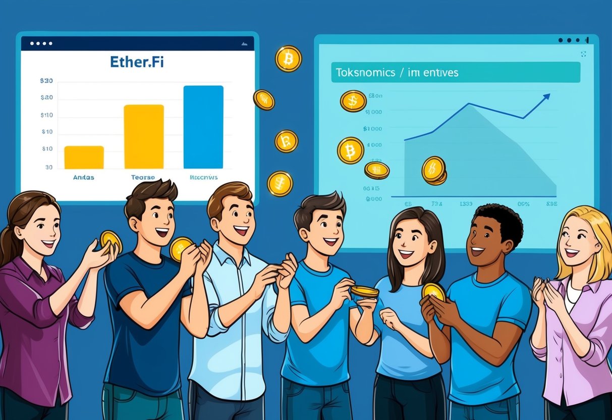 A group of people eagerly collecting tokens from a floating airdrop, while a chart in the background illustrates Ether.Fi's tokenomics and incentives