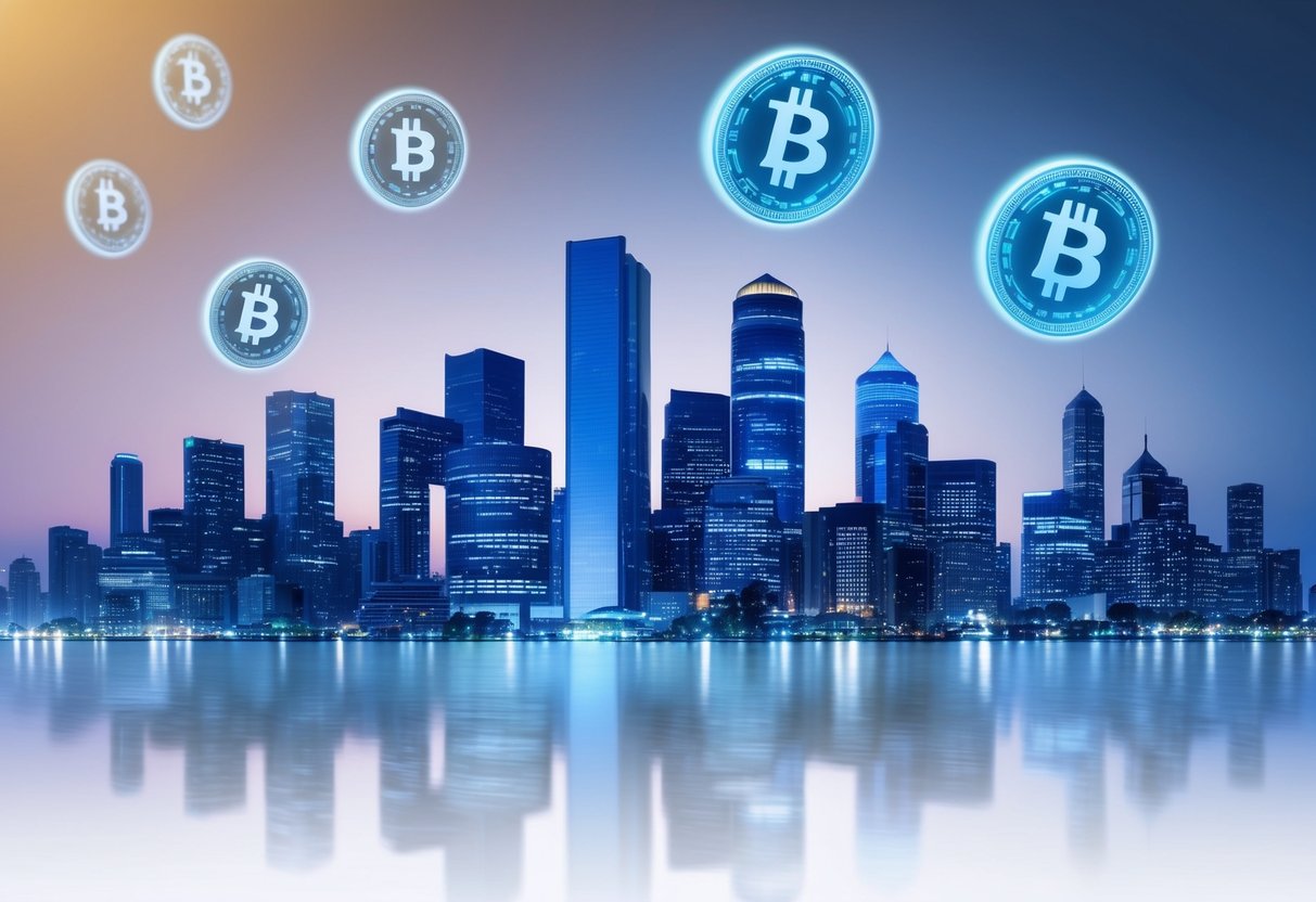 A futuristic city skyline with digital currency symbols floating in the air