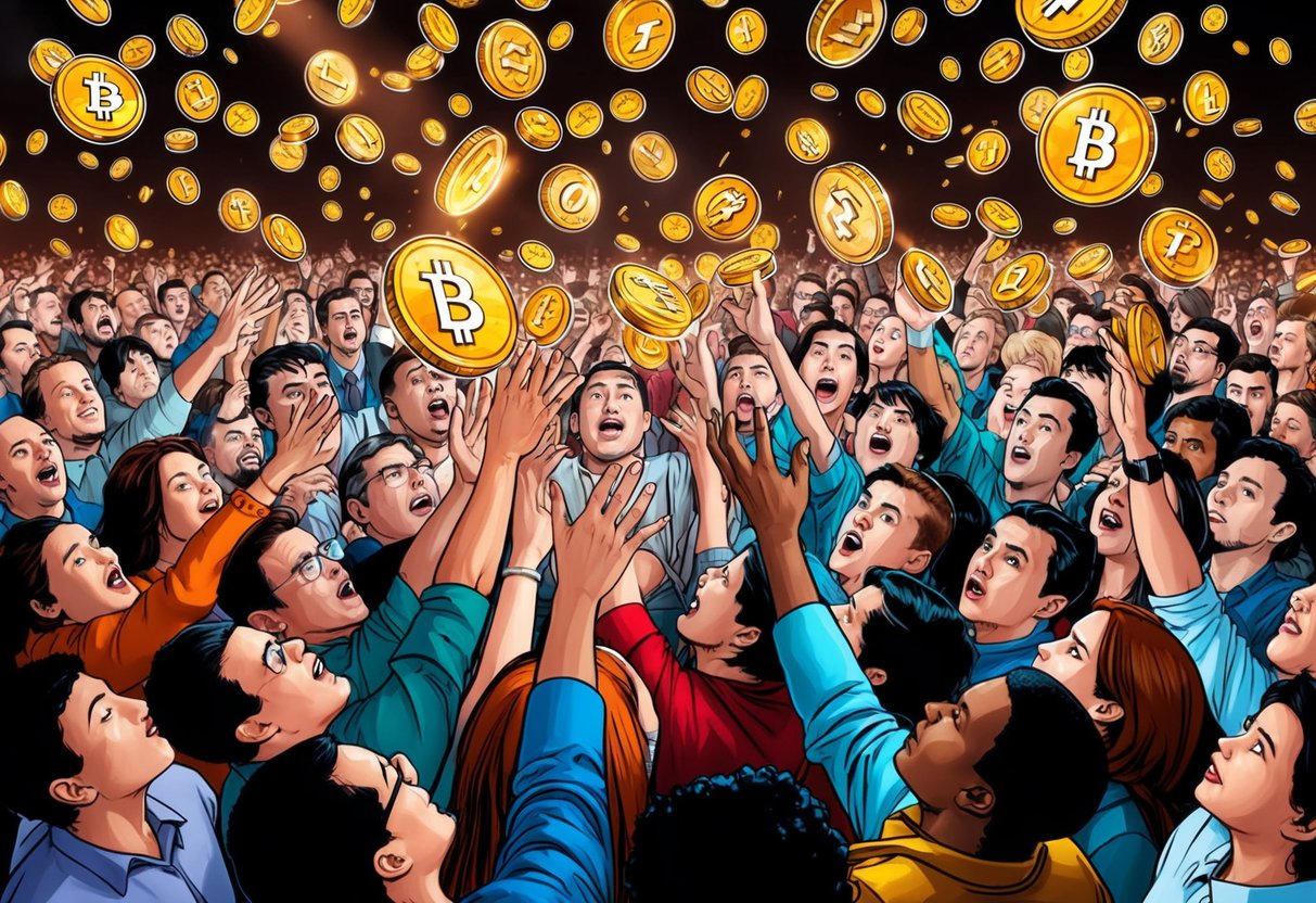 A crowd of people eagerly reaching for falling tokens