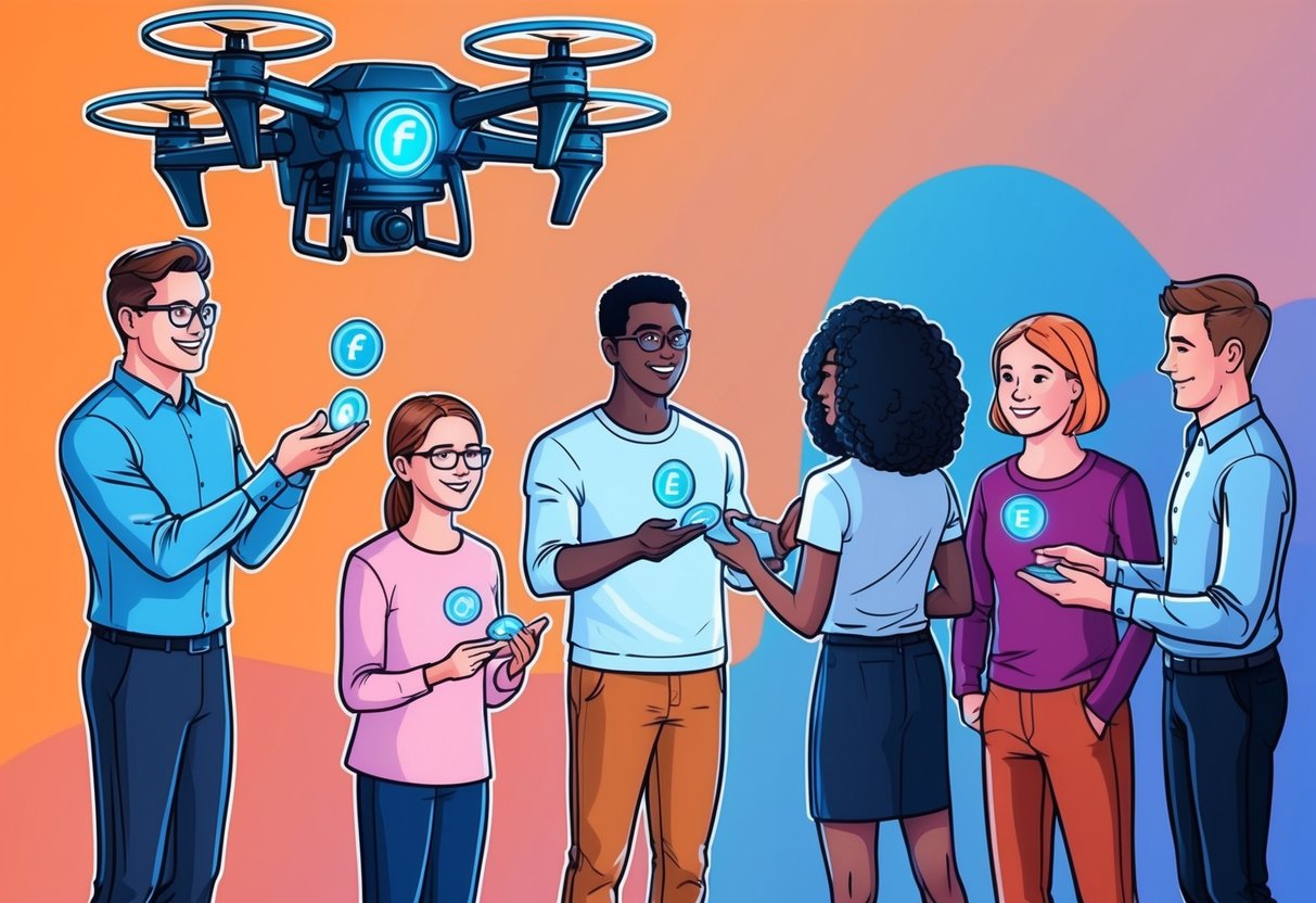 A group of diverse people receiving Farcaster tokens from a futuristic drone