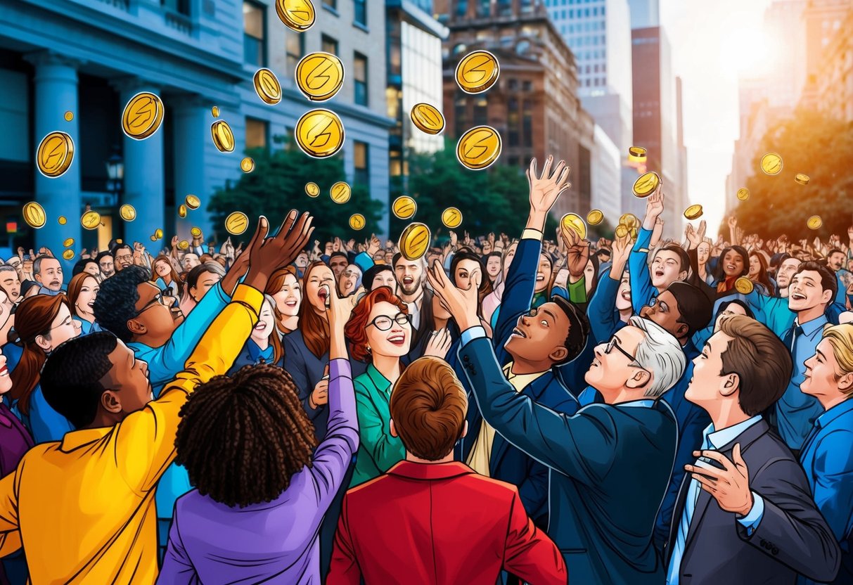 A group of diverse individuals eagerly reaching for tokens falling from the sky in a crowded urban setting