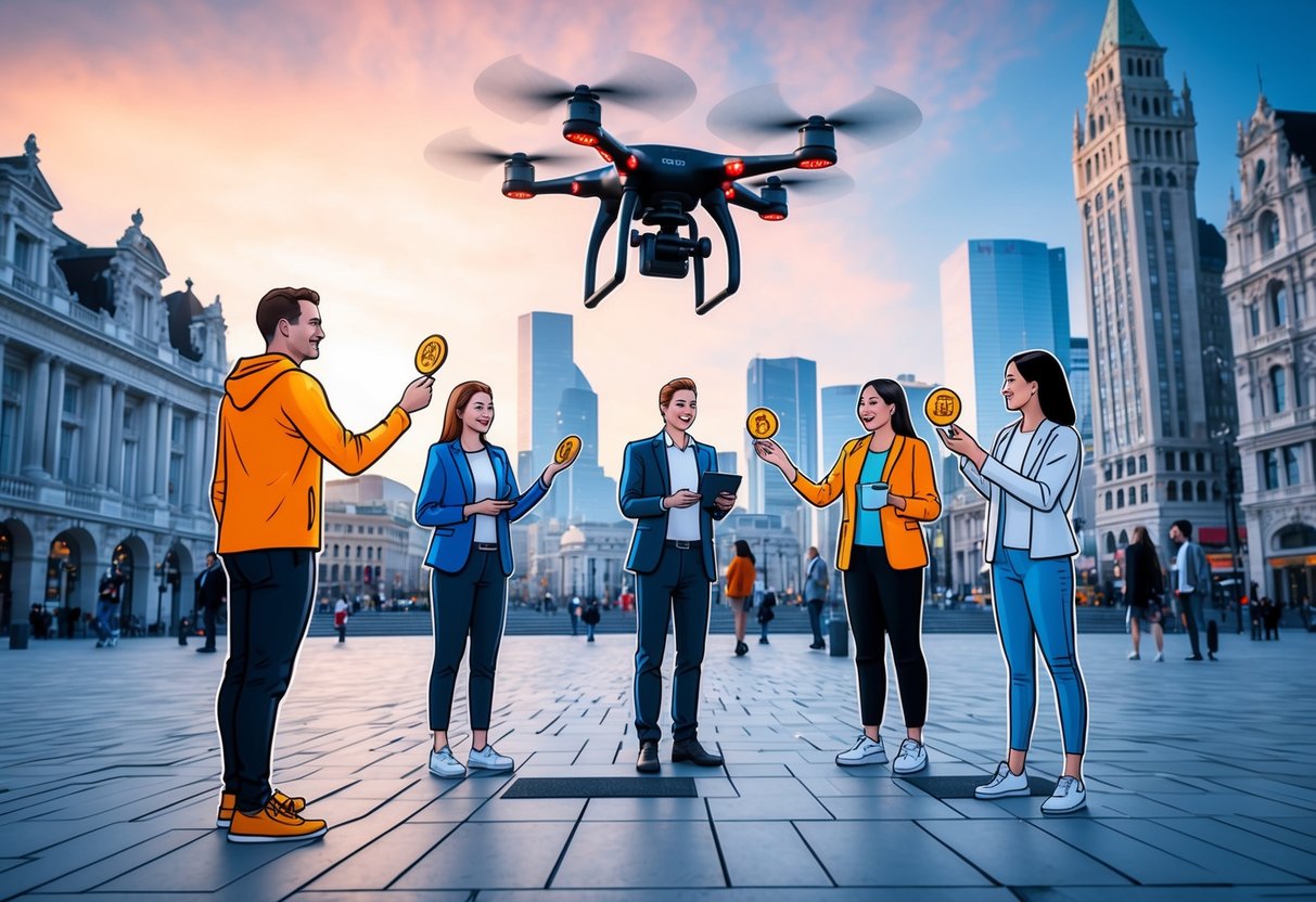 A group of people receiving farcaster tokens from a flying drone in a futuristic city square