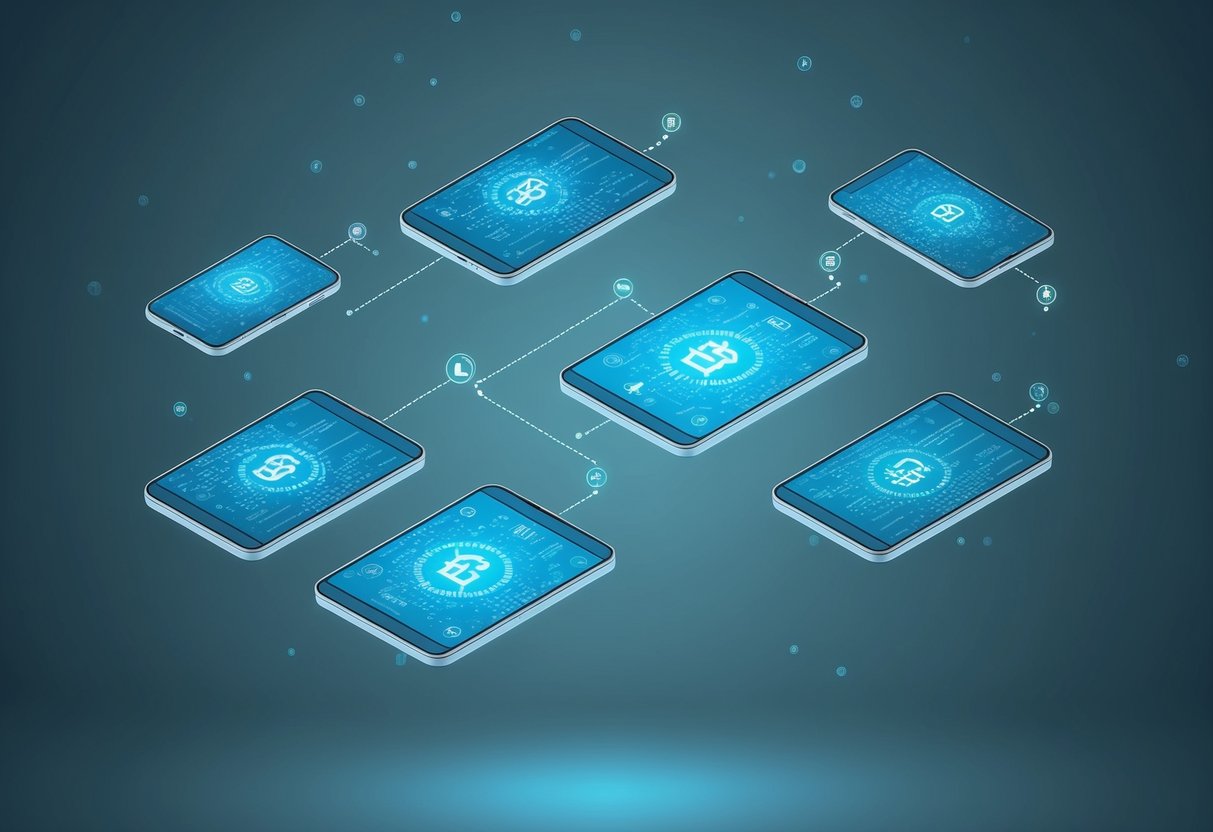 A group of floating electronic devices exchanging data in mid-air