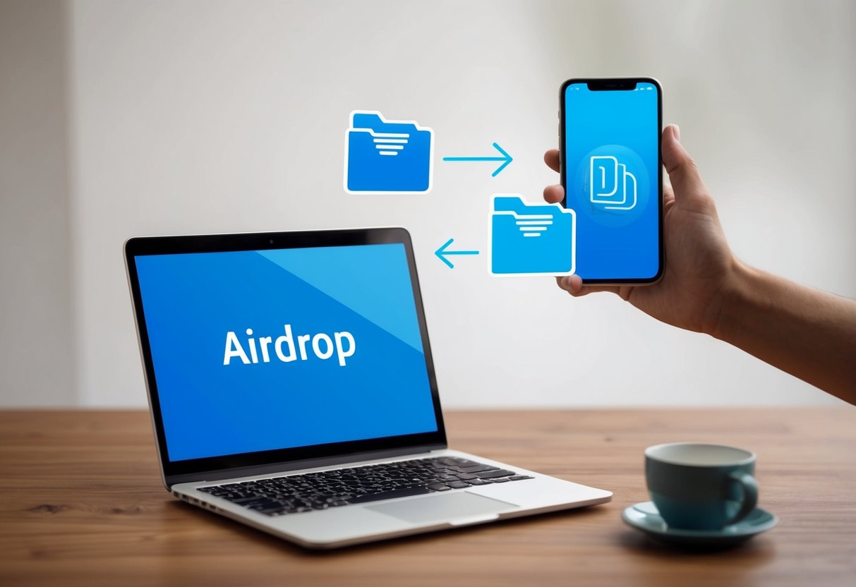Airdrop: A smartphone sends files to a laptop via Linea, with both devices connected to the same network