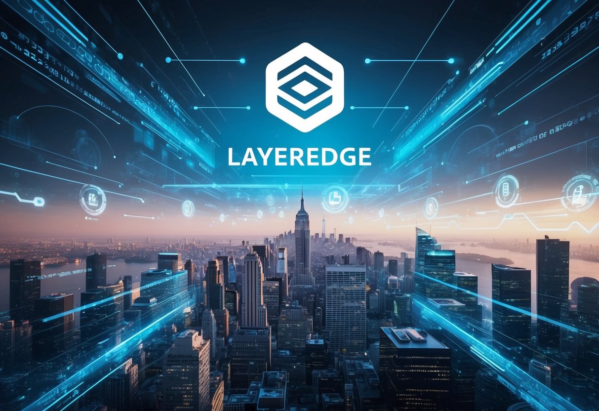 A futuristic cityscape with LayerEdge logo hovering above, surrounded by digital data streams and technology