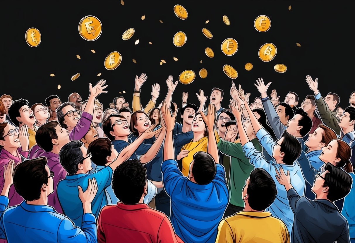 A crowd of people eagerly reaching out to grab falling tokens from the Euclid Protocol Airdrop