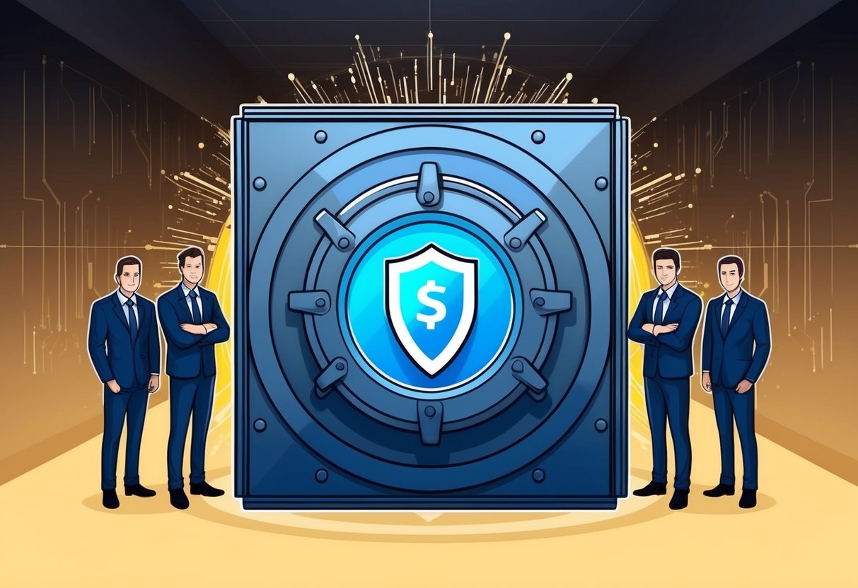 A secure vault surrounded by a shield, with a support team ready to assist