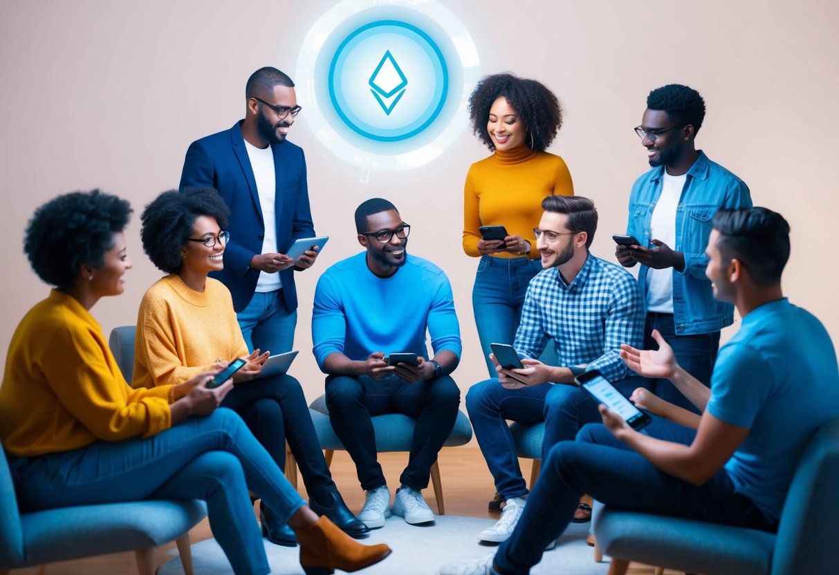 A group of diverse individuals meeting in a virtual space, each holding a digital device and engaging in a discussion about the Euclid Protocol Airdrop