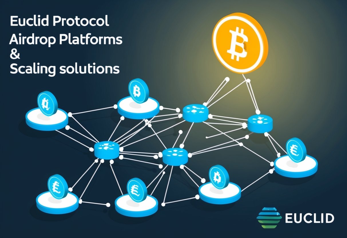 A network of interconnected nodes dispersing tokens to various platforms, representing the Euclid Protocol airdrop and scaling solutions