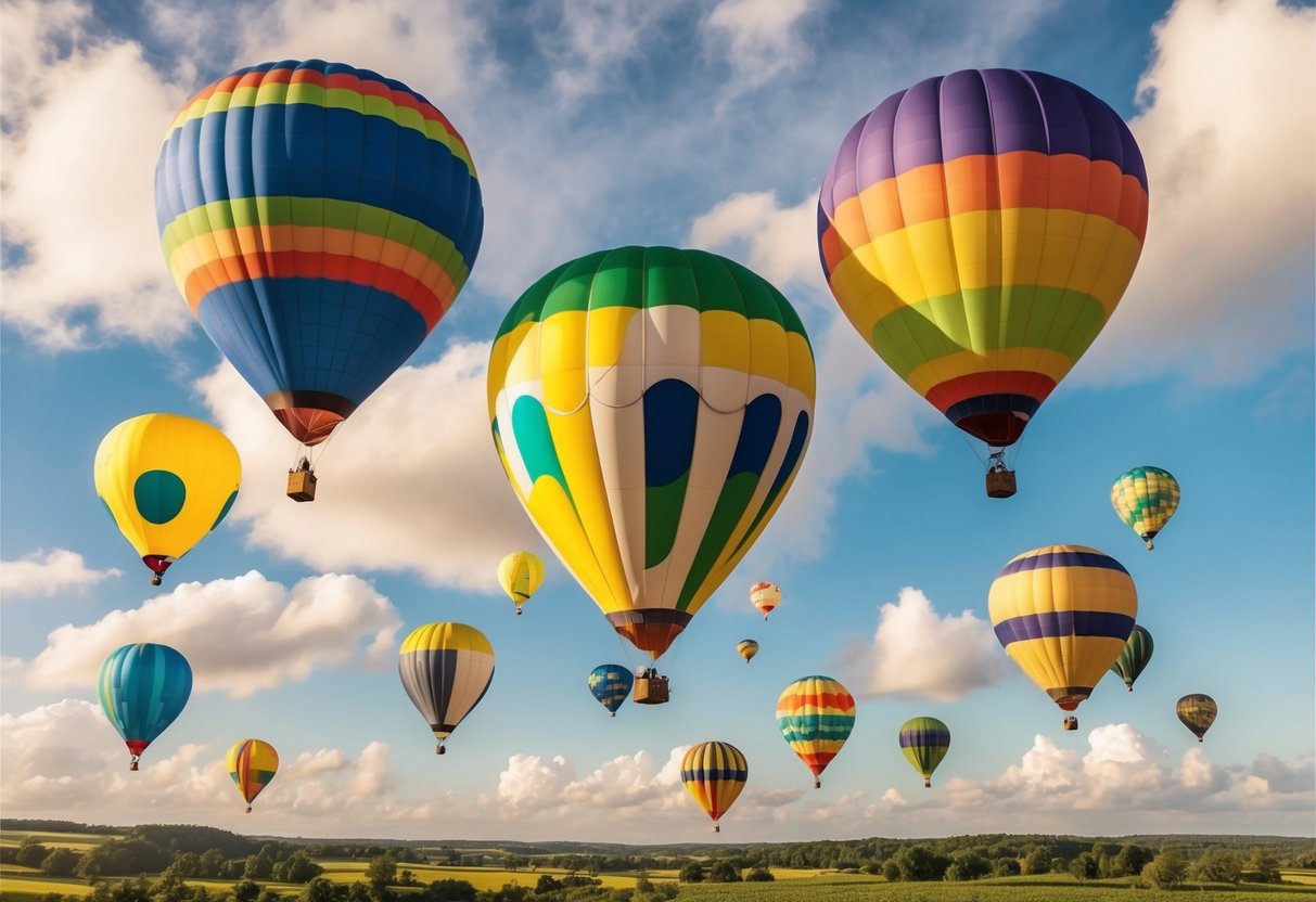 A colorful hot air balloon festival with Parfin Airdrop balloons floating in the sky amidst fluffy clouds and green landscape