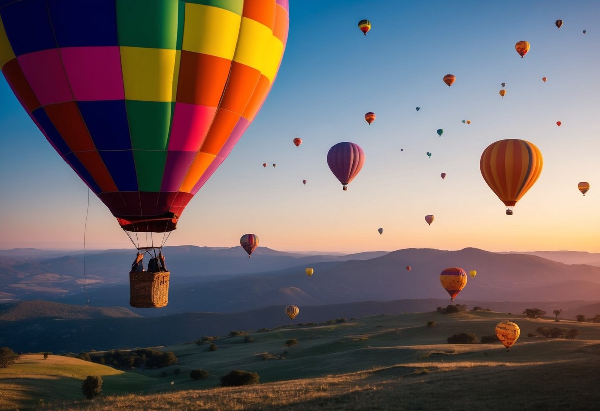 A colorful hot air balloon drops free items over a scenic landscape
