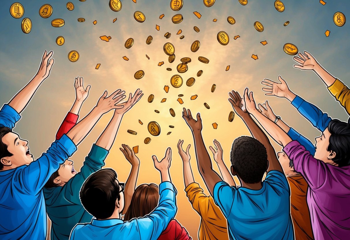 A group of people eagerly reaching out for falling items from the sky