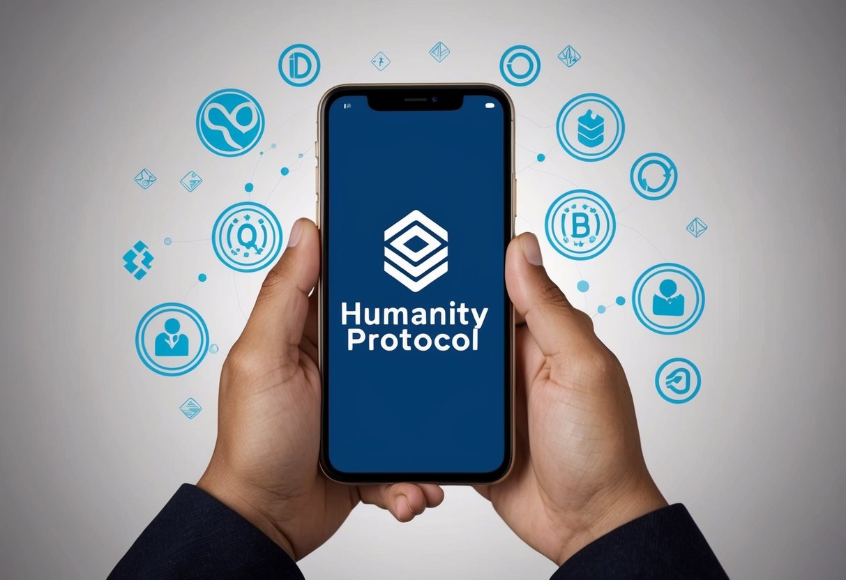 A person holding a smartphone with the Humanity Protocol logo displayed on the screen, surrounded by various symbols representing participation