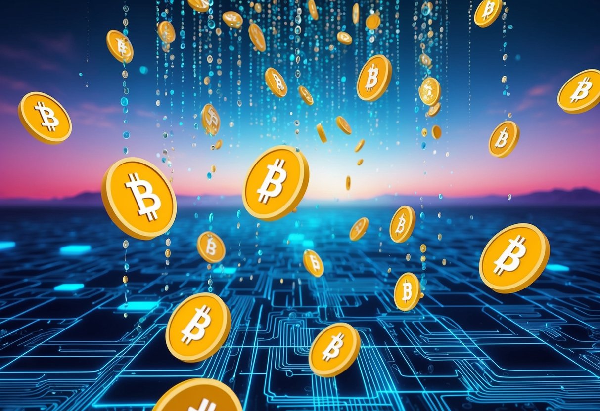A vibrant digital landscape with floating tokens raining down from the sky