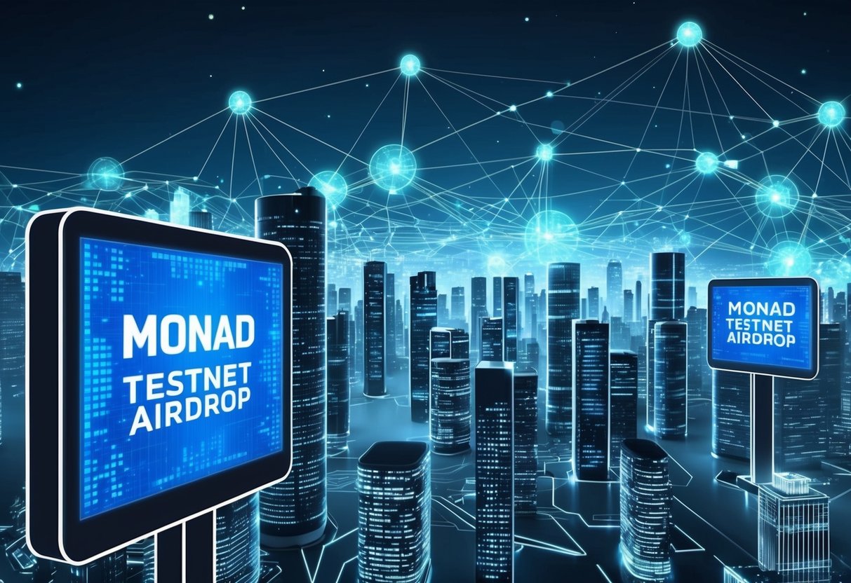 A futuristic cityscape with digital billboards displaying "Monad Testnet Airdrop" and a network of interconnected nodes in the background