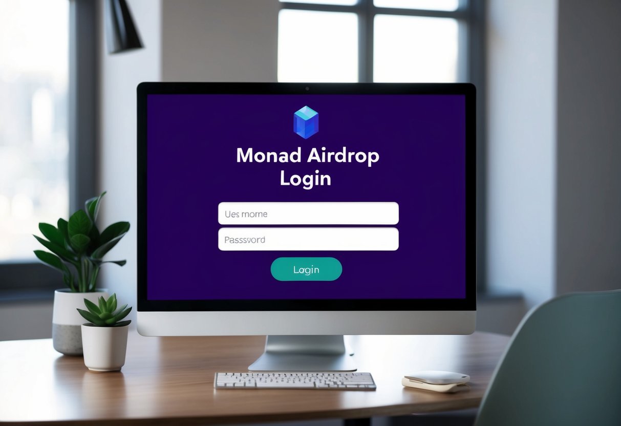 A computer screen displaying the Monad Airdrop login process with a username and password input fields