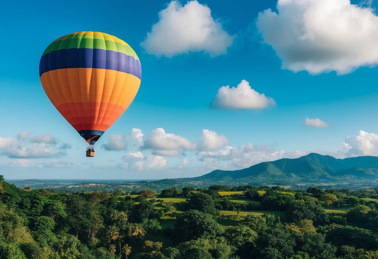 A vibrant hot air balloon floats above a lush landscape, with a clear blue sky and scattered clouds