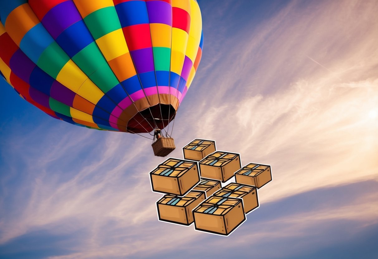 A colorful hot air balloon releasing a bundle of packages into the sky