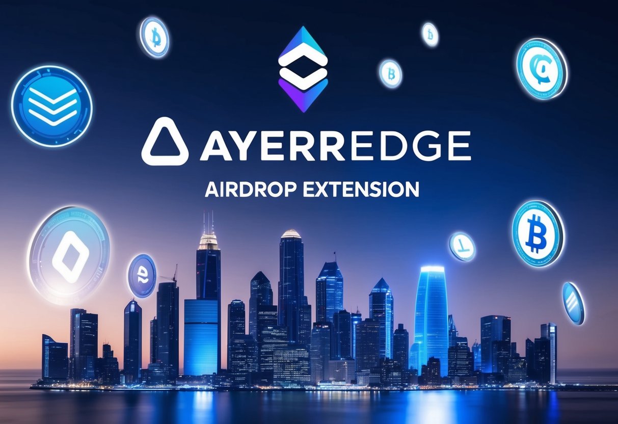 A futuristic city skyline with Layeredge Airdrop Extension logo hovering in the sky, surrounded by floating digital assets and symbols