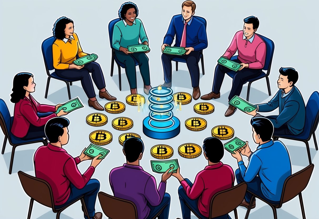 A group of people gathered in a circle, receiving airdropped funding from a central source