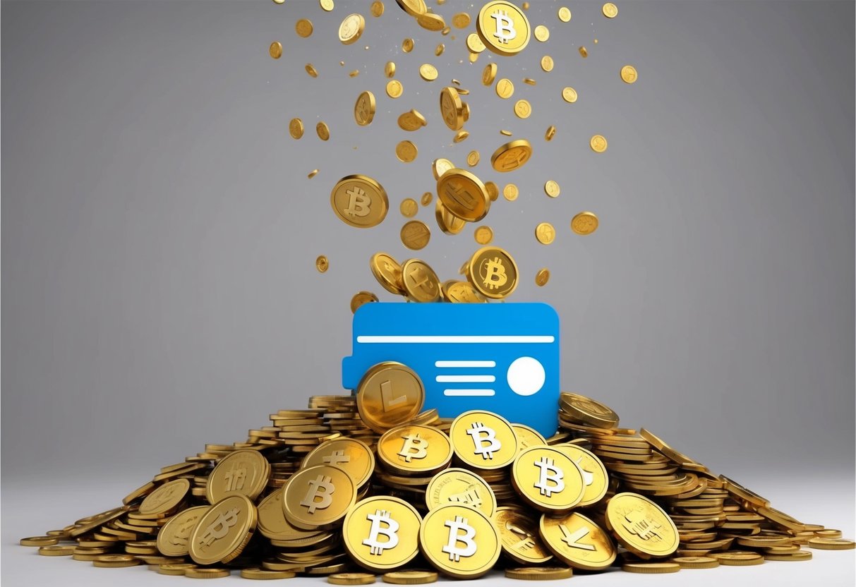 A pile of cryptocurrency tokens raining down onto a digital wallet symbol, with a clear overview of the funding process
