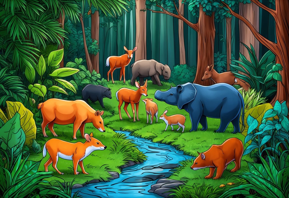 A lush forest with various animals interacting, while a stream flows through, surrounded by diverse plant life