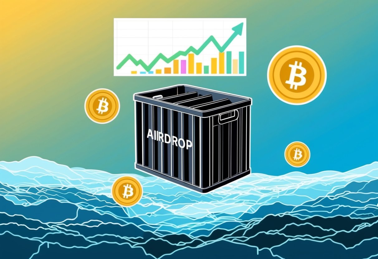 Airdrop crate hovers over layered landscape. Price chart hovers above, with arrow pointing up