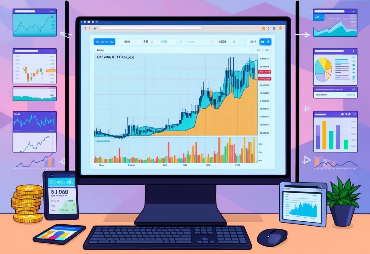 A computer screen displaying a price chart with various data points and analysis tools surrounding it