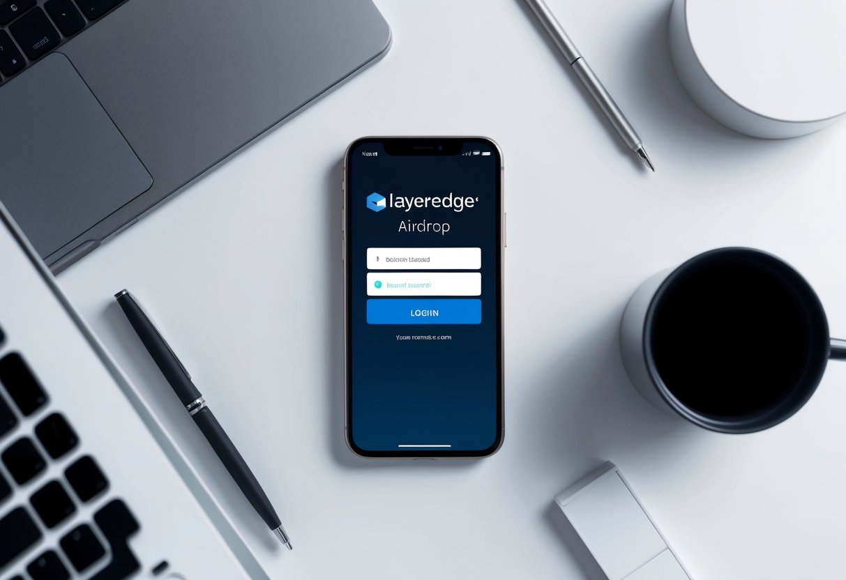A smartphone with a Layeredge Airdrop login screen displayed, surrounded by a modern and minimalist office desk setting