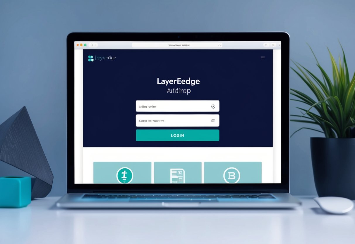 A computer screen displaying the Layeredge Airdrop login page with a sleek and modern interface. Icons and buttons for user input are visible