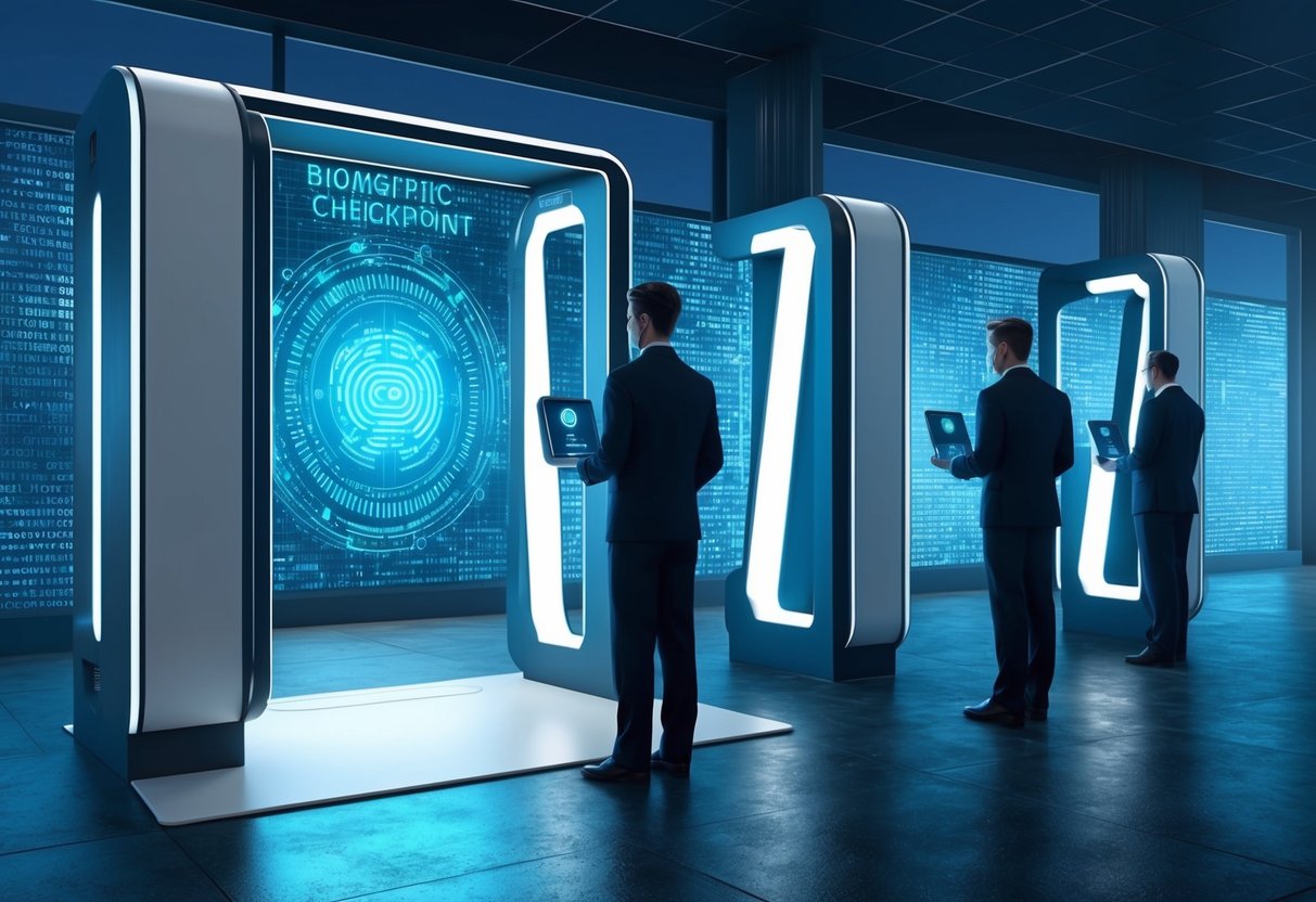 A futuristic security checkpoint with holographic interface and biometric scanners