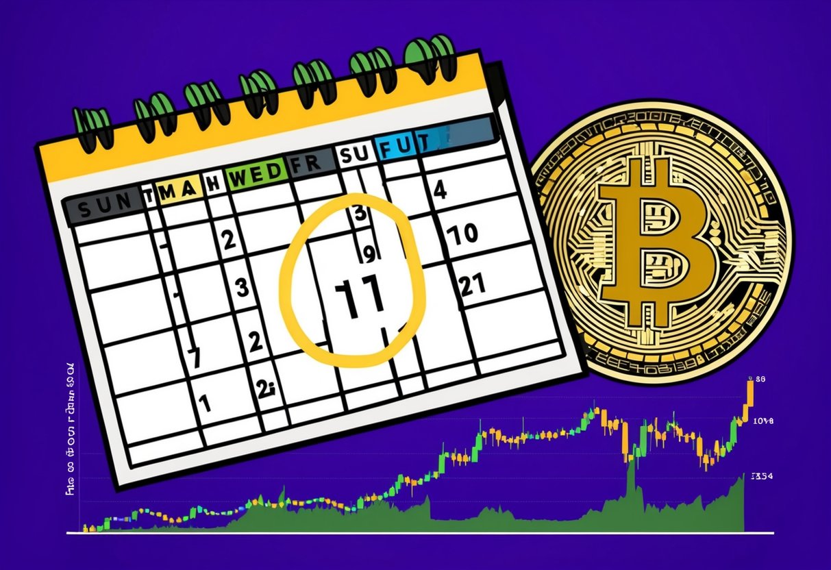 A calendar with the date circled, a timeline with key milestones, and a graph showing the price fluctuation