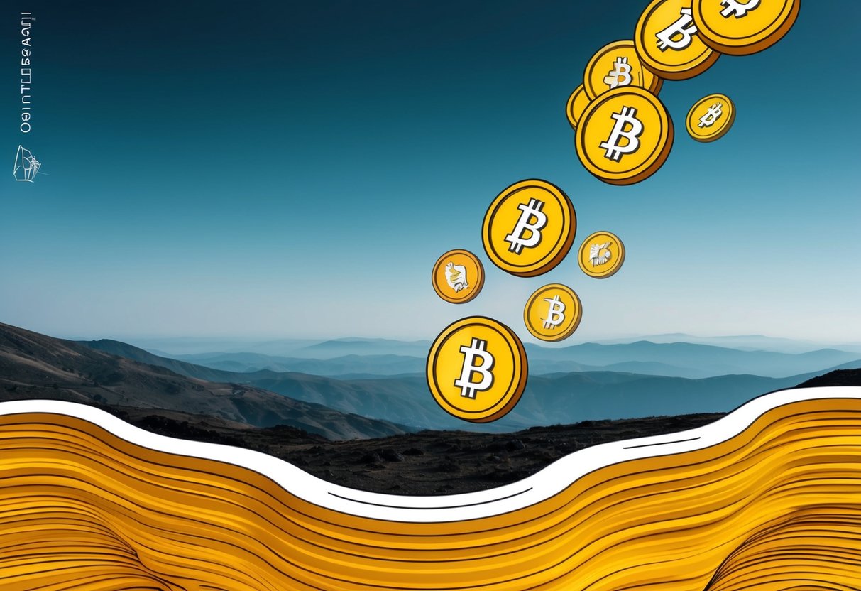 Airdrop tokens falling from the sky onto a landscape with layered edges