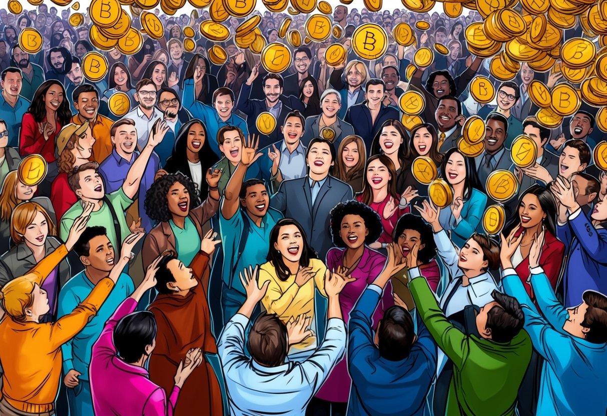 A crowd of diverse people eagerly reaching for falling tokens