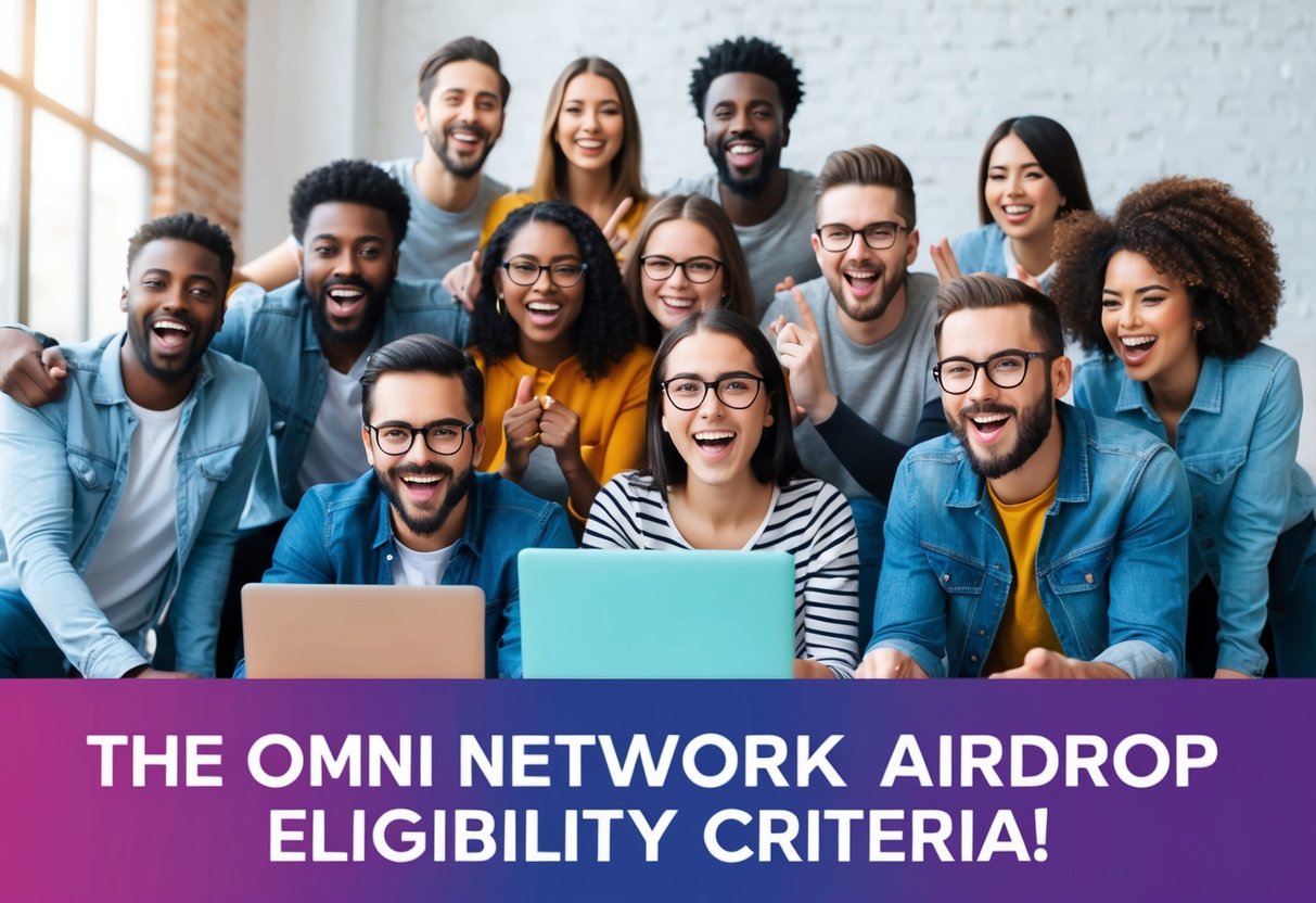 A diverse group of people eagerly participating in the Omni Network Airdrop, following the eligibility criteria with excitement