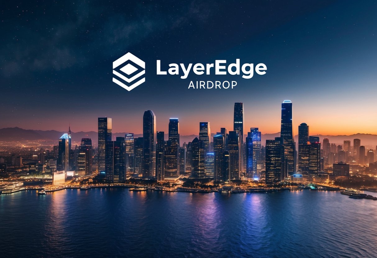 A futuristic city skyline with Layeredge Airdrop logo projected in the sky