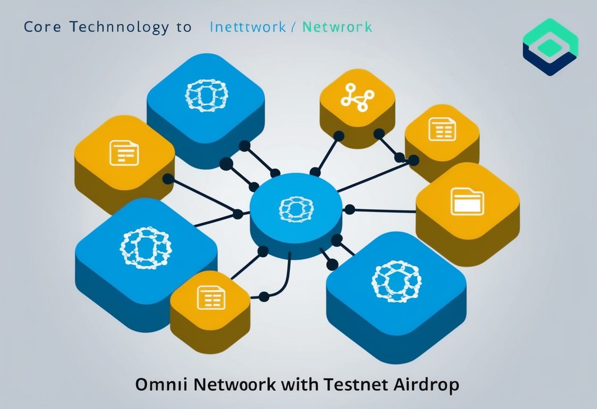 A network of interconnected nodes with data flowing between them, representing the core technology behind Omni Network's testnet airdrop