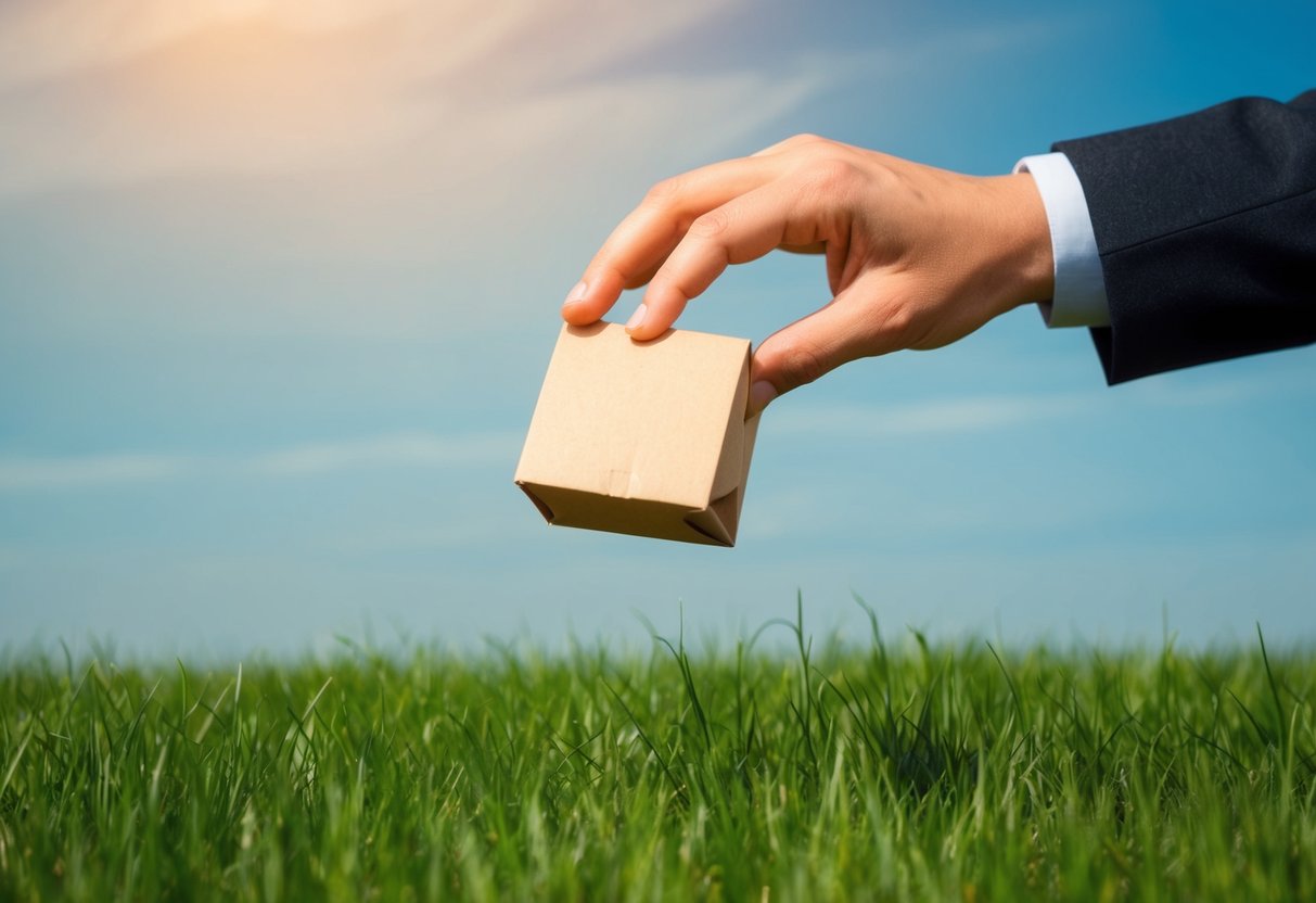 A hand reaching down from the sky, dropping a package onto a grassy field