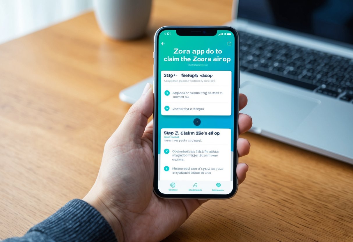 A hand holding a smartphone with a Zora app open, showing the step-by-step guide to claim the Zora airdrop. The screen displays the necessary steps for the user to follow