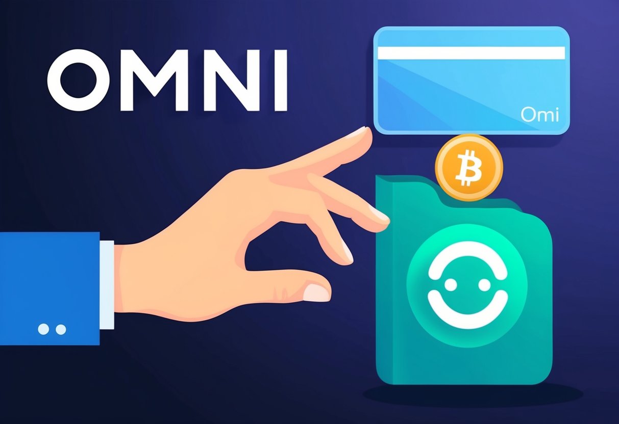 A hand reaching out to claim the Omni Airdrop with a digital wallet and the Omni logo in the background