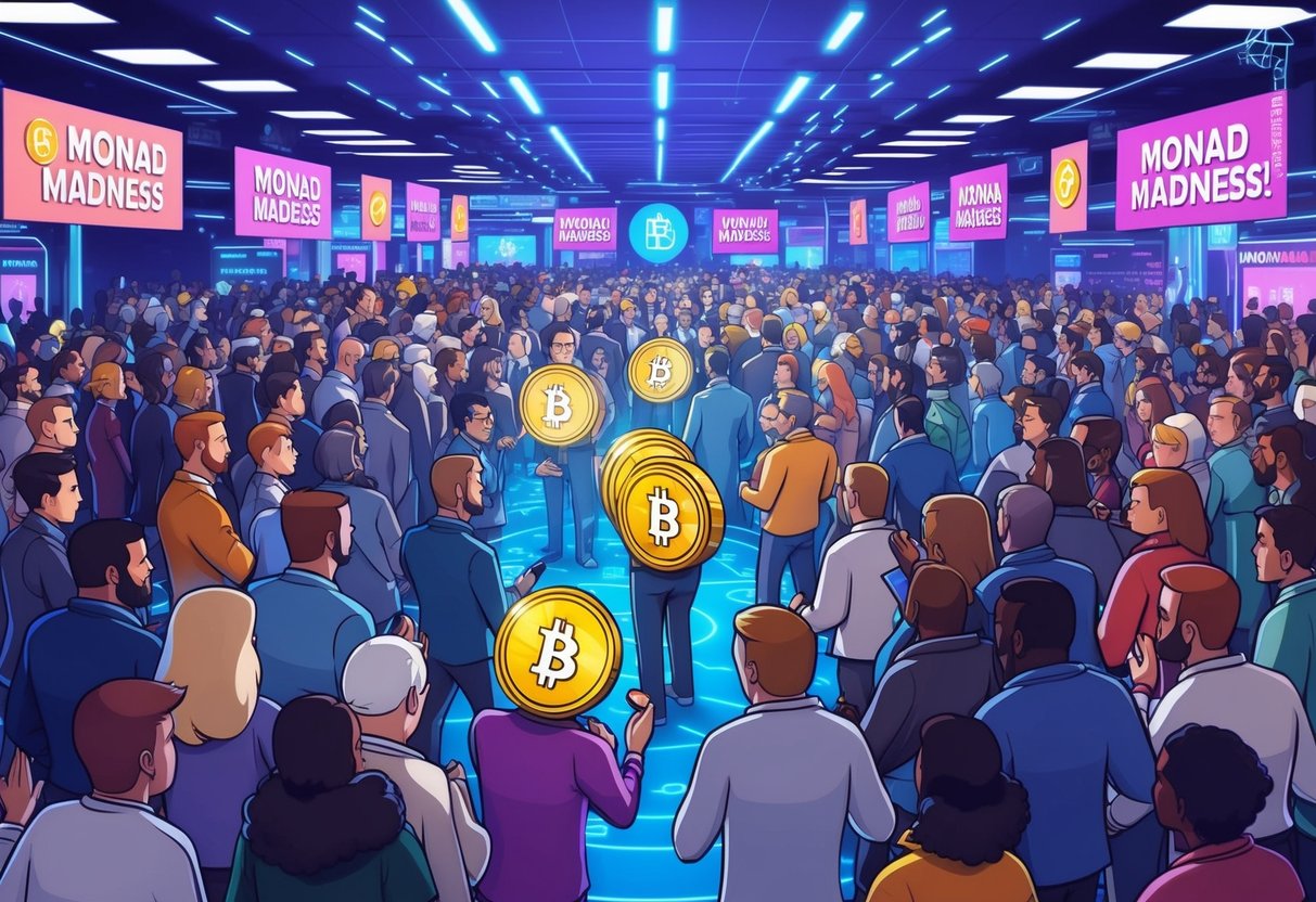 A crowded digital marketplace with various avatars participating in a token airdrop event, surrounded by virtual banners and signs promoting "Monad Madness."